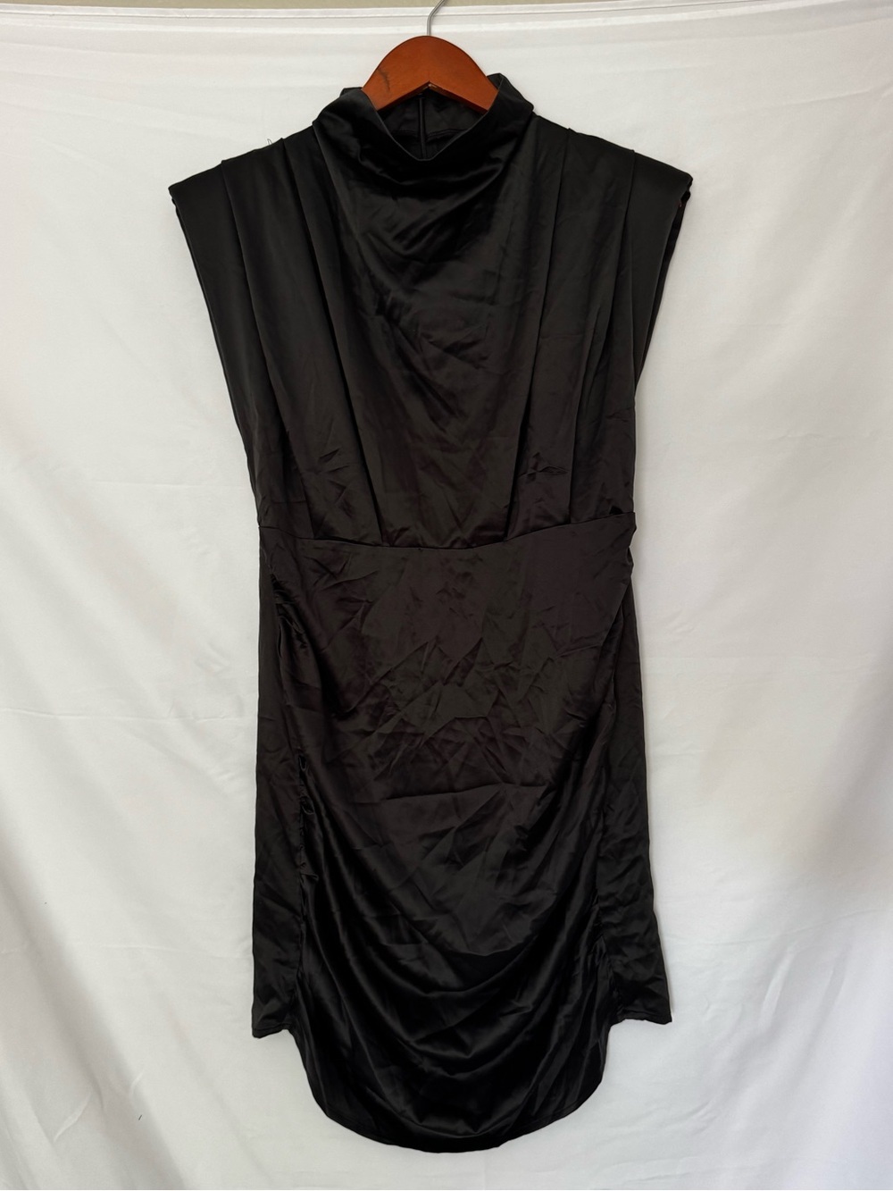 LYANER Black Satin Mini Dress Mock Neck Sleeveless Ruched Bodycon Size L